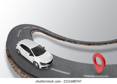 3d Illustration Of Curved Road, Asphalt Driveway Isolated With Car And Location Icon Isolated On White Background, Travel And Digital Marketing Advertisement, Car Das