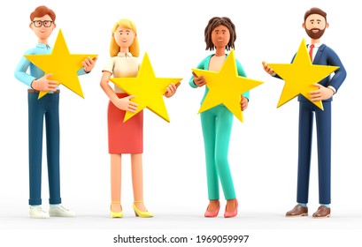 3D illustration of customer review rating concept. Multicultural people characters giving feedback with stars. Cute cartoon clients with high quality satisfaction service, positive rank and support.