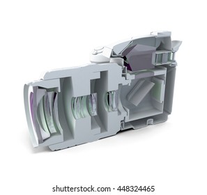 3D Illustration Of Cutaway DSLR And Lens - How To Work Digital Camera