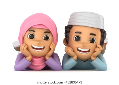 3d Illustration Of A Cute Asian Muslim Boy And Girl Laying On The Floor Smiling