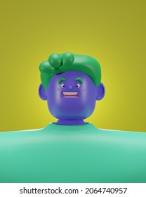 3D Illustration Of Cute Cartoon In Colorful. Mr. Purple, Young Man Who Is Confident, Enthusiastic, Happy, Pay Attention. Gesture Showing Looking Forward With Smiling Face, Light Green T-shirt.