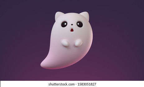 3d illustration cute cartoon white ghost cat floating in the air on purple background. Concept art flying kawaii ghost character with open mouth, cat ears and big black eyes. Happy Halloween holiday - Powered by Shutterstock