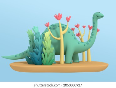 3d Illustration. A Cute Funny Plasticine Dinosaur Walks Among The Primeval Vegetation. Green Lizard With Spots 