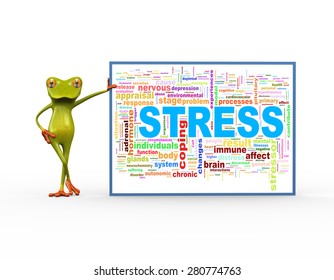 3d illustration of cute green frog standing with wordcloud word tags of stress