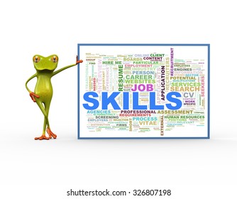3d illustration of cute green frog standing with wordcloud word tags of skills