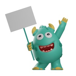 3D Illustration. Cute Monster 3D Cartoon Character. The Adorable Monster Smiles Funny. Blue Monster Hold The White Board. The Friendly Monster Waved His Hand. 3D Cartoon Character