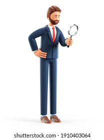 3D illustration of cute smiling man looking through a magnifying glass and searching for information. Cartoon bearded exploring businessman holding a magnifier, isolated on white background.
