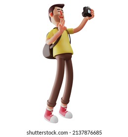 3D illustration. Cute 3D Tourist Cartoon character taking selfie with camera. With a style of peace and a smile. 3D Cartoon Character - Powered by Shutterstock