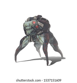 3d illustration of cyberpunk creature with red eyes isolated on white background. Scary monster. Concept art of a futuristic post apocalypse mutant in metal armor. Cyber technology. Digital painting.