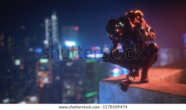 高層ビルのコンクリート屋根の縁に座っている3dのイラストサイボーグ女性が 夜の街 を見下ろしています 未来的な黒い鎧にジェットパックとヘルメットを着たsf女の子 のイラスト素材