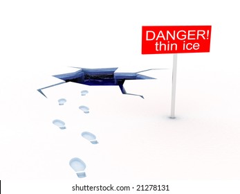 3d Illustration Of Danger Of Thin Ice, White