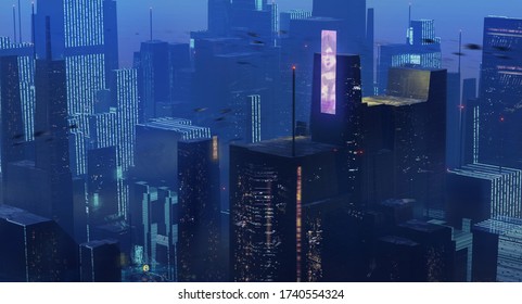 3d Illustration Of Dark Blue Science Fiction Dystopian Future City With Holographic Billboards - Digital Fantasy Illustration