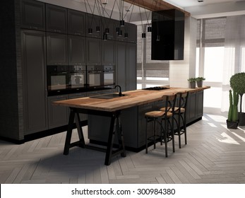3D Illustration Of Dark Colored Kitchen In Interior
