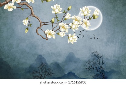 3d illustration, dark grunge background, full moon, white magnolia flowers on a branch, flock of birds in the sky