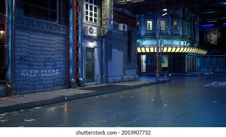 3D illustration of a dark seedy cyberpunk city street in a dystopian future at night.