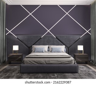 3d Illustration. Dark Stylish Bedroom With LED Lighting, Bed With Upholstered Headboard, Carpet. 3d Render.