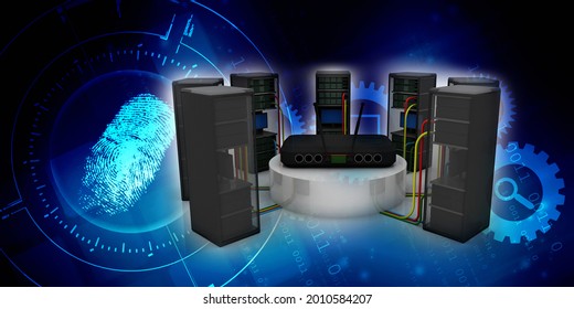 3d illustration Data center server connected modem wifi