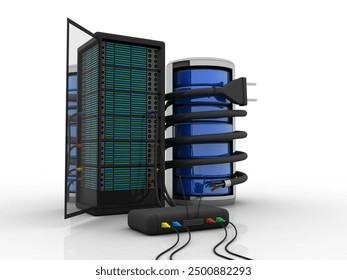 3d illustration Data center server connected modem wifi near optical cable connected database