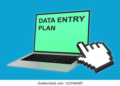 3D illustration of "DATA ENTRY PLAN" script with pointing hand icon pointing at the laptop screen 