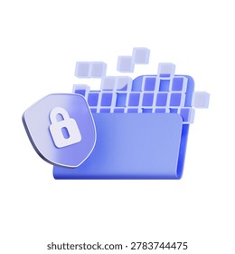 3D illustration of data folder with security shield lock for digital protection, cyber security, data privacy, secure storage, and information management.