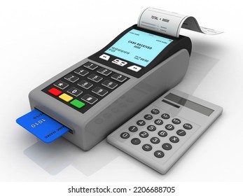 3d Illustration Debit Card Swipe Machine Near Calculator
