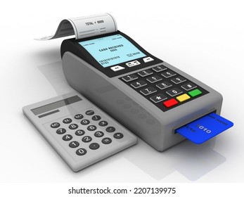 3d Illustration Debit Card Swipe Machine Near Calculator
