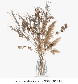 3d Illustration Decorative Bouquet Of Dried Flowers In A Black Vase With Reeds On A White Background