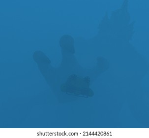 3d Illustration Of A Deep Sea Submersible With A Giant Hand Reaching Out At It And The Shape Of A Huge Figure Beyond