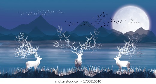3d illustration of deer and river in the evening. Luxurious abstract art digital painting for wallpaper