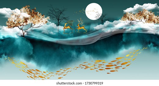 3d illustration of deer walking across the forest. Luxurious abstract art digital painting for wallpaper