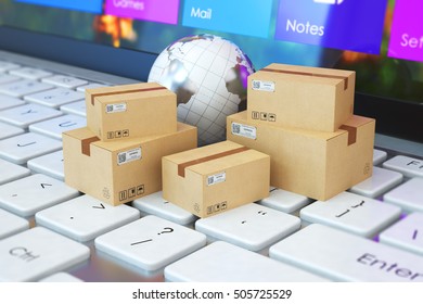 3D illustration delivery concept cardboard boxes and the globe on a laptop keyboard