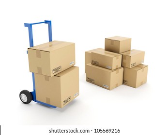 3d illustration: Delivery of possession of the goods. Trolley with a group of cardboard boxes on a white background