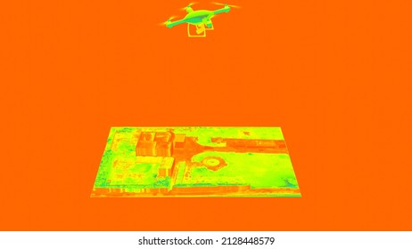 3d Illustration Of A DEM- Digital Elevation Mode Survey Made By A Professional Drone With Photogrammetric Payload And Thermoscanner Camera