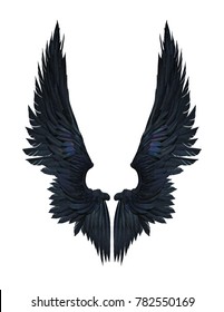 3d Illustration Demon Wings, Black Wing Plumage Isolated on White Background with clipping path.