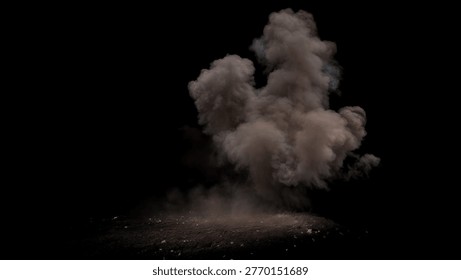 3D illustration of Dense billowing cloud of gray smoke or dust from a recent military blast erupts upwards from a scattered pile of debris on a pitch black background