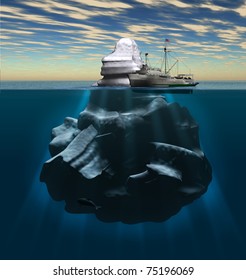 3D Illustration Depicting A Fishing Boat And An Iceberg Above And Below The Ocean's Surface