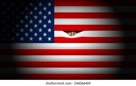 3D Illustration Depicting A Spotlight On An American Flag With Someone Peeking From Between The Stripes