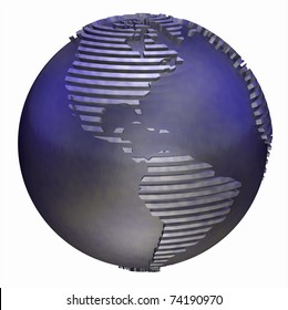 3D illustration depicting a stylized metallic globe showing, North, Central and South Americas