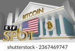 3D illustration depicts bitcoin symbol with American flag, ETF record 3D rendering