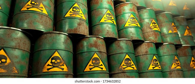 3D illustration, Depot with toxic waste barrels