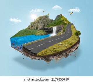 3d illustration design of floating piece of land. asphalt road with tropical island. highway with waterfall and blue ocean with it and beautiful landscape view of mountains with clouds.  - Powered by Shutterstock