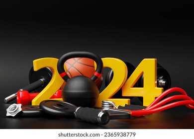 3d illustration of  design happy new year 2024  and sports equipment. Sports equipment: kettlebell, dumbbell, elastic band for sports, gymnastic roller for the press. Sport happy new year  banner - Powered by Shutterstock