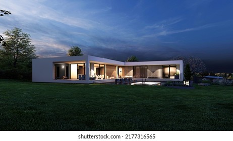 3d Illustration - Design House - Modern Villa Evening And At Night With Open Plan Living And Private Bedroom Wing. Large Terrace With Privacy And Swimming Pool. Small Covered Terrace For Sauna, Relax