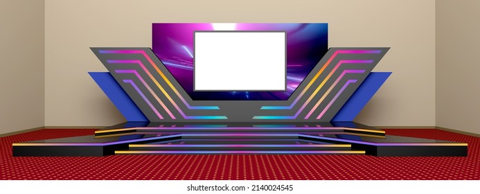 3d Illustration Design Stage Backdrop Digital Technology Futuristic Style With Blank Space LED TV Screen Logo Company For Virtual Studio Event Exhibition Concert Presentation Product.