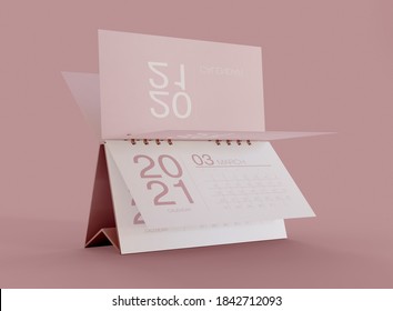 3D Illustration. Desktop Calendars Of Year 2021 Isolated On Pink Background. Spiral Calendar. 