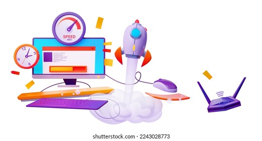 3D illustration of desktop computer with web page, speedometer and clock icons, rocket launch and wi-fi router isolated on white background. Website loading speed test. Internet. 3D Illustration