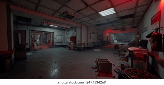 A 3D illustration of a desolate hospital interior, with dim lighting casting shadows over scattered debris. - Powered by Shutterstock