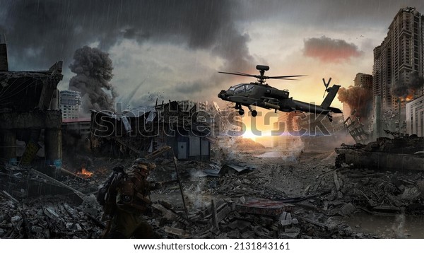 3d illustration Destroyed city ، Jet and\
helicopter air\
warfare
