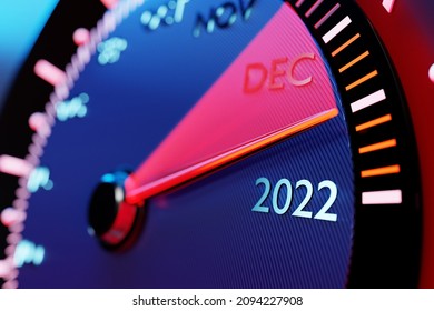 3D Illustration Of A Detailed Speedometer Close-up Showing The End Of 2021 And The Beginning Of 2022. Counting Months, Time Until The New Year
