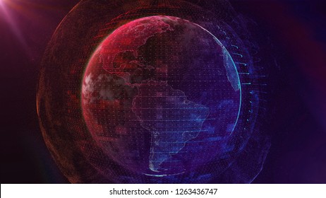 3d Illustration Of Detailed Virtual Planet Earth. Technological Digital Data Glob. Blue And Red Map Of The Earth From The Square Points. World Map. Global Network Connection.